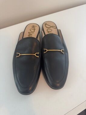 Sam Edelman Black Leather Mule Loafers with Gold Bit